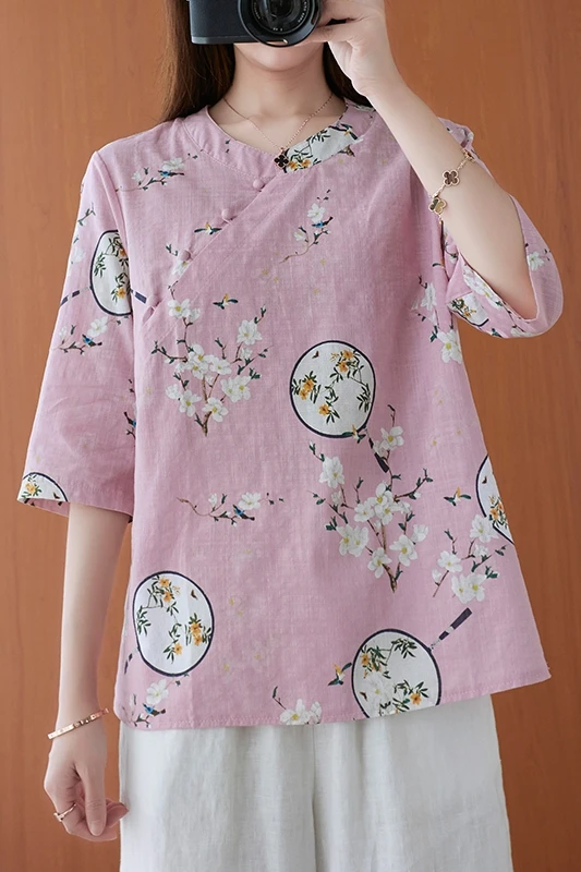 

COIGARSAM Chinese Style blouse women Summer Casual Vintage Short Sleeve blusas womens tops and blouses Pink Blue 8836