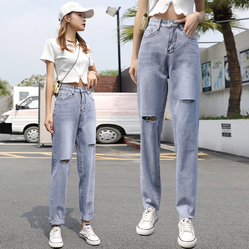 

Широкие Женские джинсы с высокой талией, длинные женские брюки, универсальные тонкие женские джинсы, прямые повседневные брюки с дырками