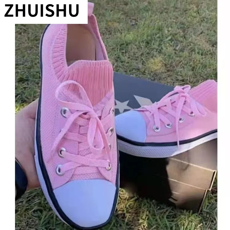 

Spring Autumn Women Casual Soft-soled Round Toe Knit Stretch White Shoes Fashion Lace-up Canvas Shoes Plus Size43 Zapatos Mujer