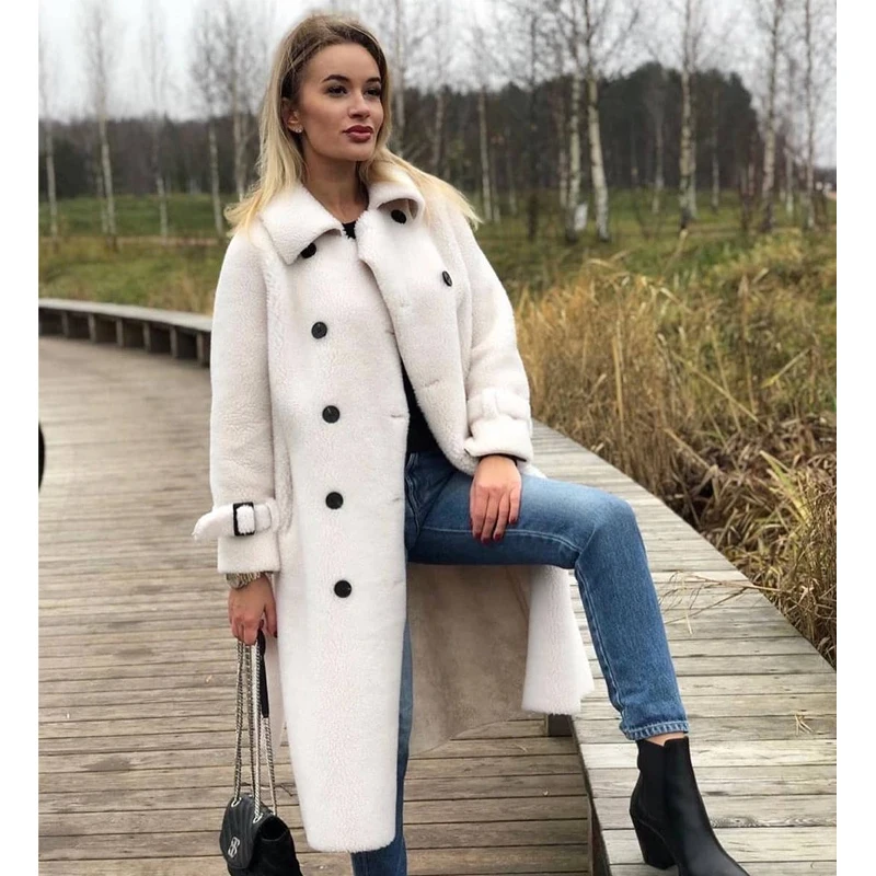 2022 BFFUR Long Woolen Jacket With Belt Real Fur Coat Turn Down Collar Women's Coats Natural Sheepskin Female Winter Outfit