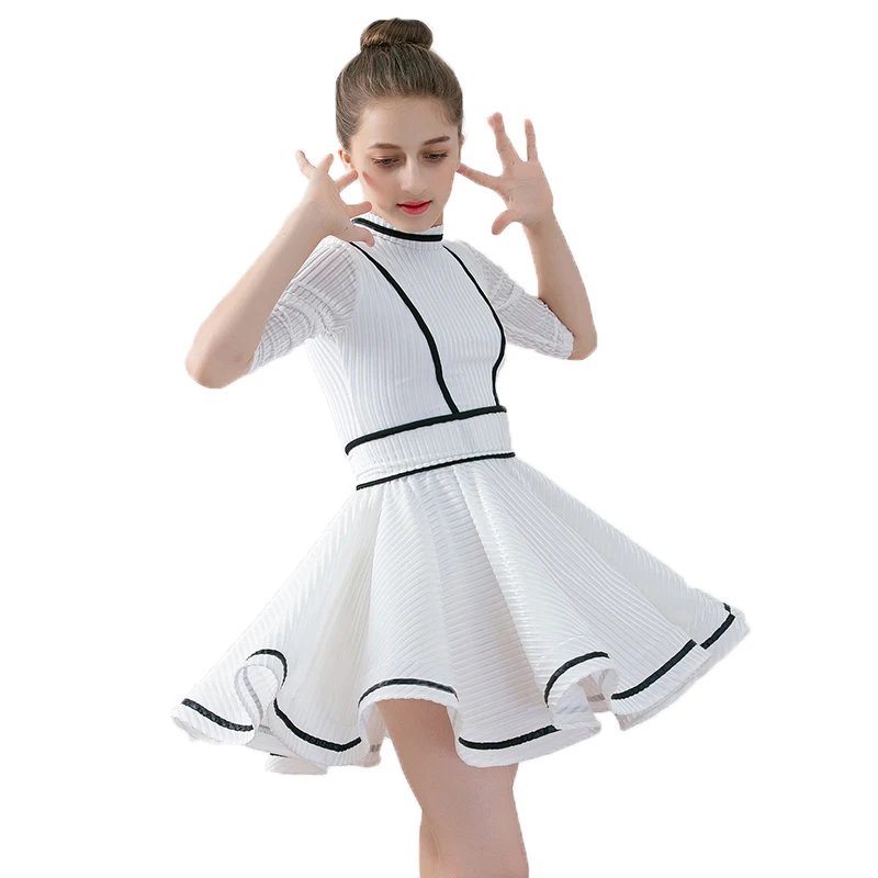 

Summer Latin Dance Dress Children Clothing For Girls Dancing White Dress Practice Clothes Short Sleeve Student Dance Costume 487