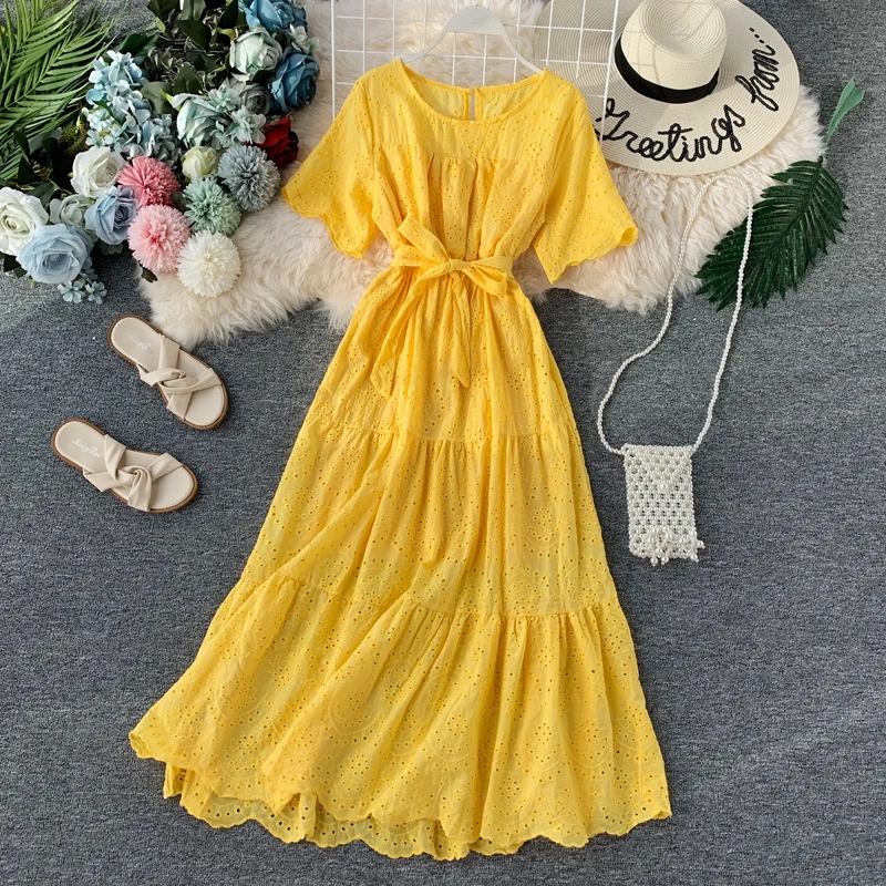 

В Корейском стиле; Шикарная женская обувь, пропускающая воздух; Миди платье для женщин с коротким рукавом с круглым вырезом, платья с поясом ...