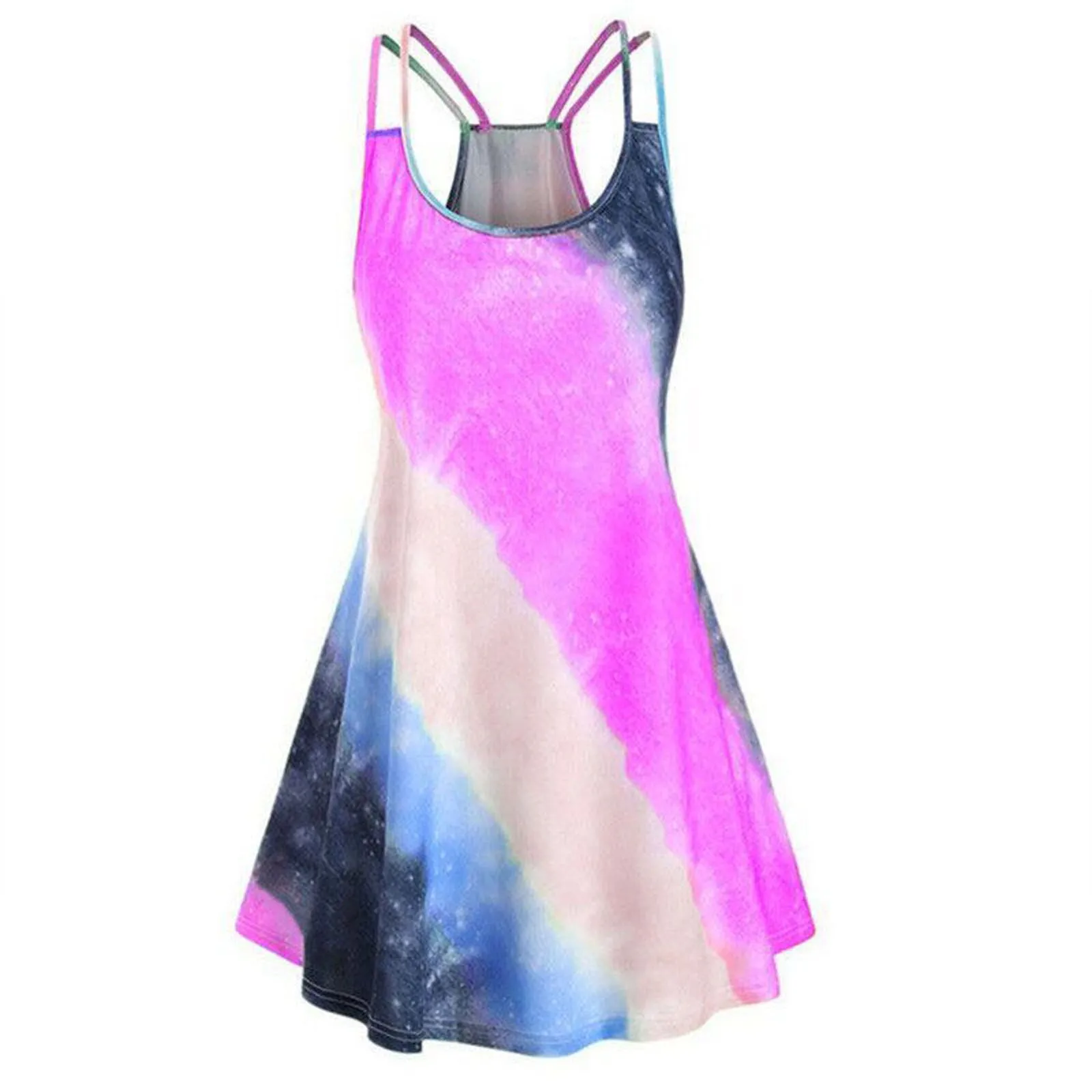 

Summer Women's Dress Fashion Casual Sleeveless Tie-dye Rainbow Print Square Neck Suspender Dress Ladies Loose Midi Dress
