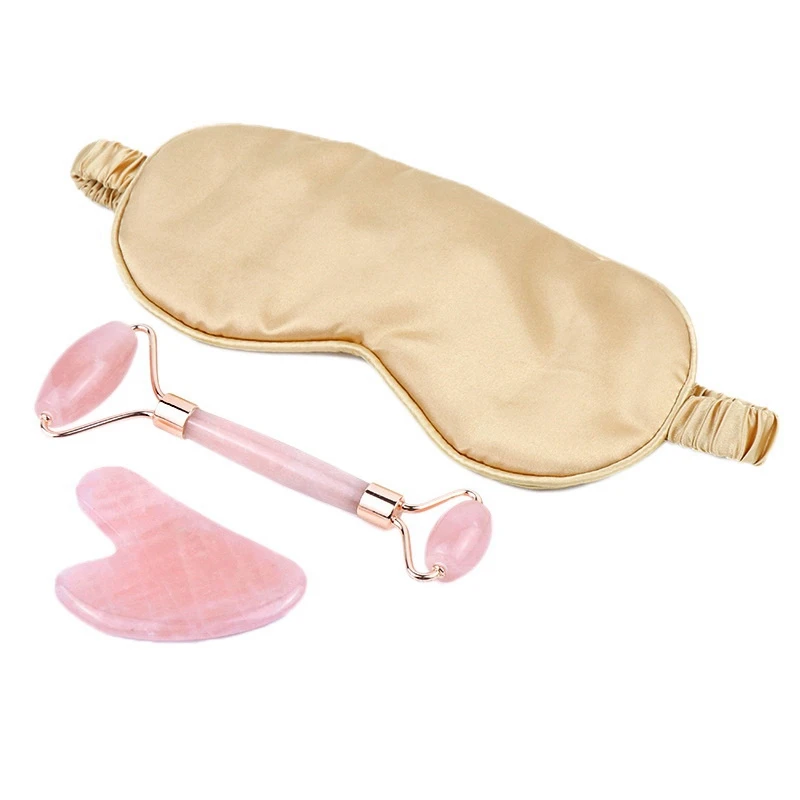 

Jade Roller Gua Sha Tools Set with Blackout Eye Mask Anti Aging Rose Quartz Roller Massager Jade Roller for Facial Care