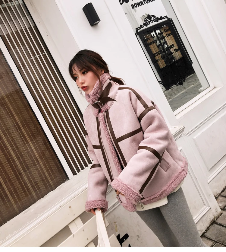Pink Женские пальто из искусственной овчины, женские толстые замшевые куртки, женские осенние зимние короткие байкерские пальто из овечьей шерсти AS101301 - Color: Pink