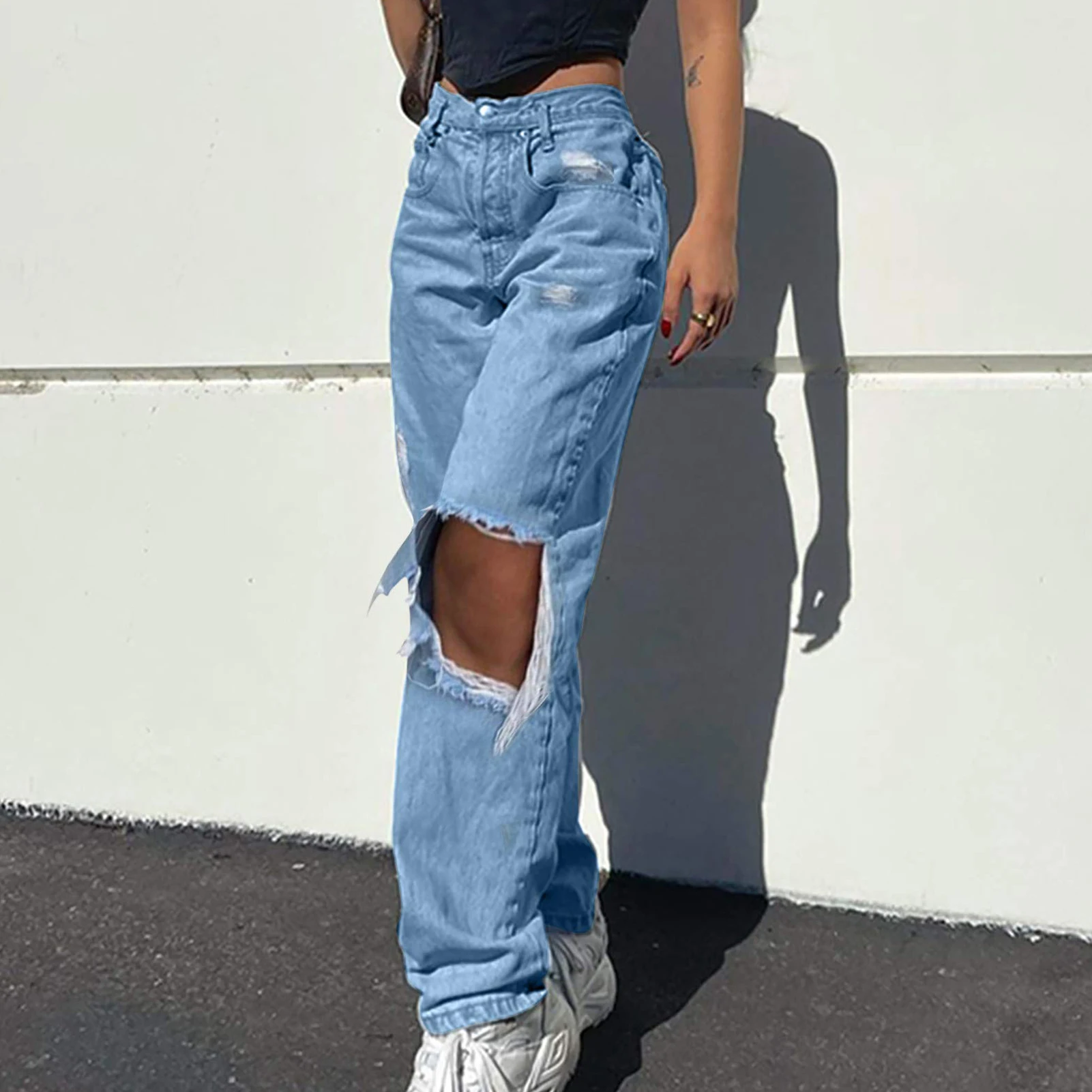 

Women's Jeans Y2K Loose Fit Pants 2021 Fashion Ripped Wide Leg jean for girls High Waist Wash Trousers Summer Baggy Streetwear