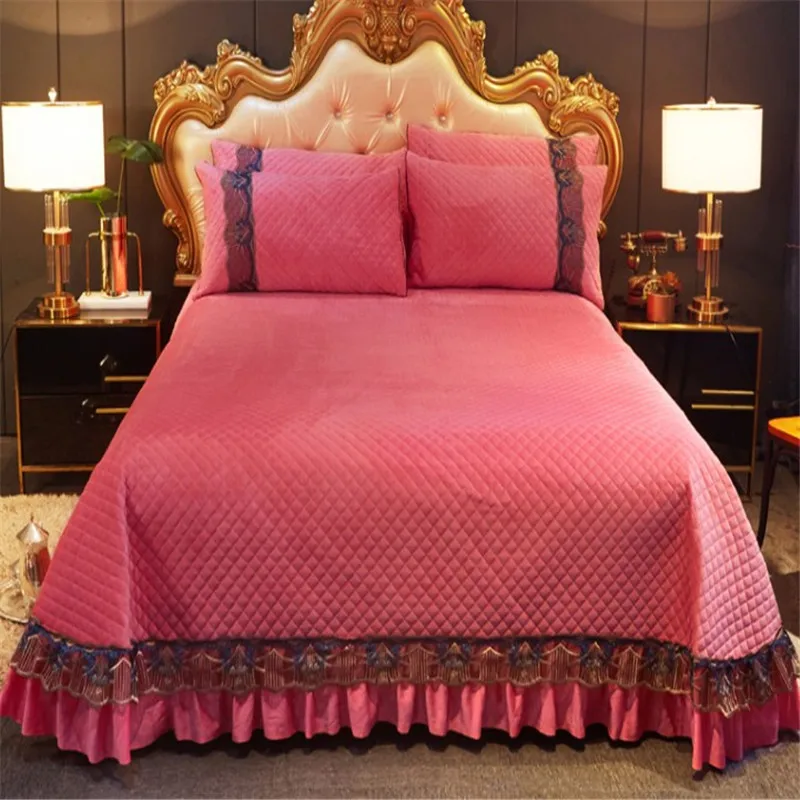 

2021 Crystal Velvet Bed Cover Solid Color Thick Bed Sheet 3 Pcs Quilted Bedspreads Coral Velvet Blanket European Style