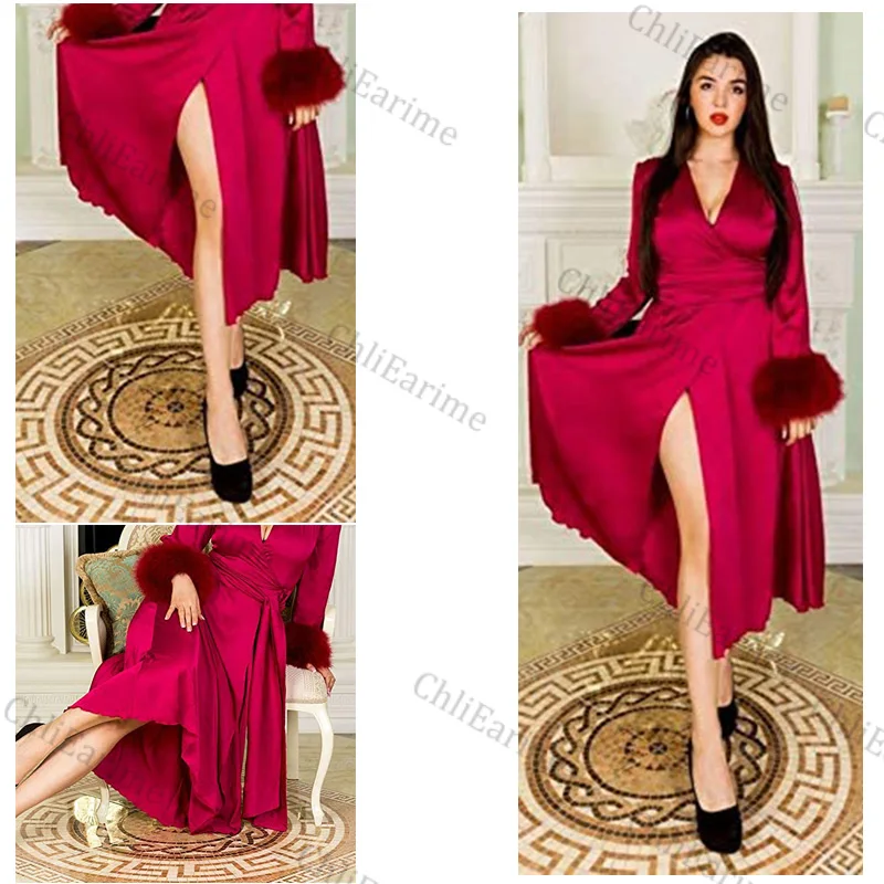 

Womens Satin Fur Robe Lightweight Kimono Bathrobe Long Sleeve Bridesmaid Bride Party