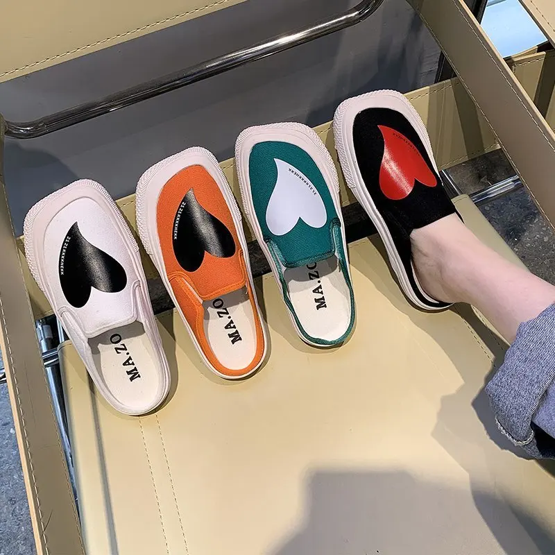 

Shoes Slippers Women Summer Cover Toe Loafers Slides Pantofle Soft Square Flat 2021 PU Basic Rome Canvas Cotton Fabric Rubber