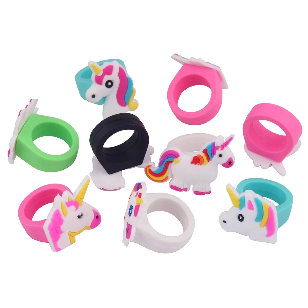 

22pcs Unicorn Rings Rainbow Girl Kid Rings Rubber Toys Birthday Party Mix Animals Jewelry Christmas Gift Wholesale Mixed