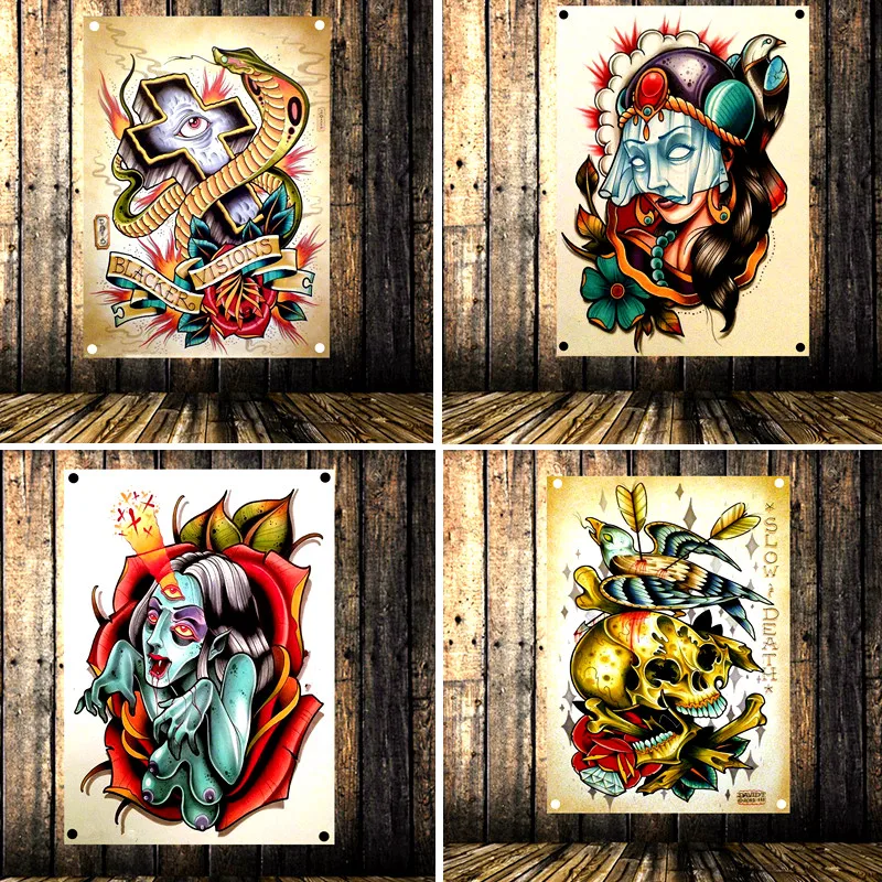 

Retro Tattoo Poster Banner Flag Tapestry Wall Stickers Canvas Painting Wall Hanging Cloth Art Bar Cafe Barber Shop Home Decor E1