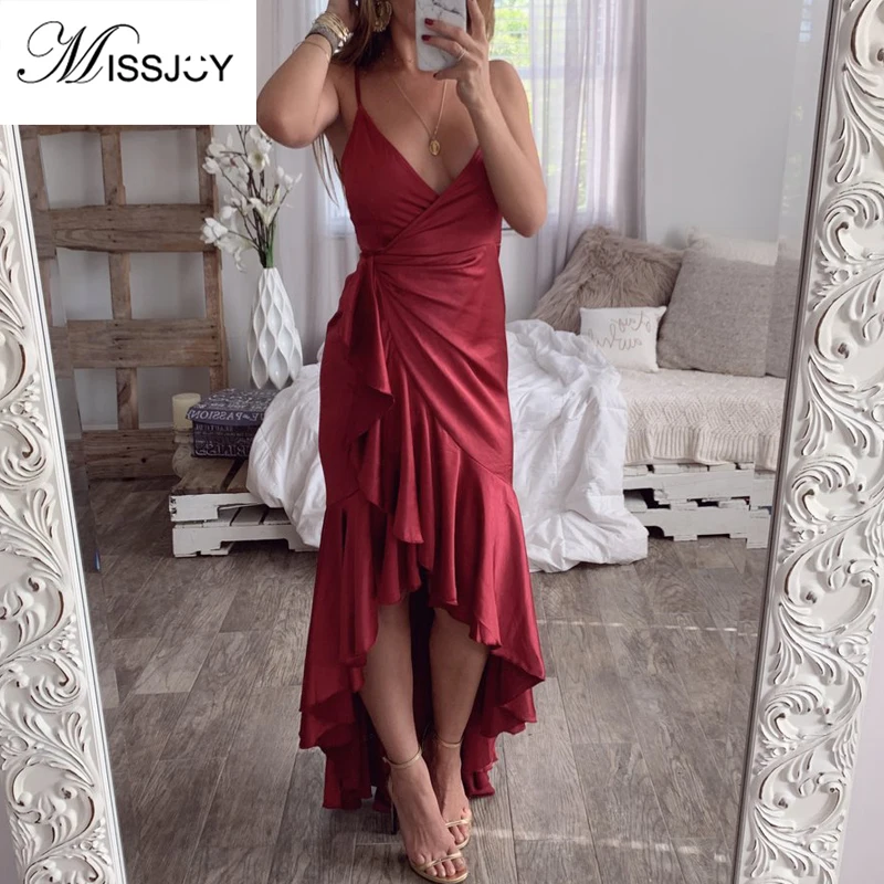 

Платье MISSJOY женское вечернее однотонное с V-образным вырезом, высокой талией и оборками, пикантное черное однотонное на бретелях, лето 2020
