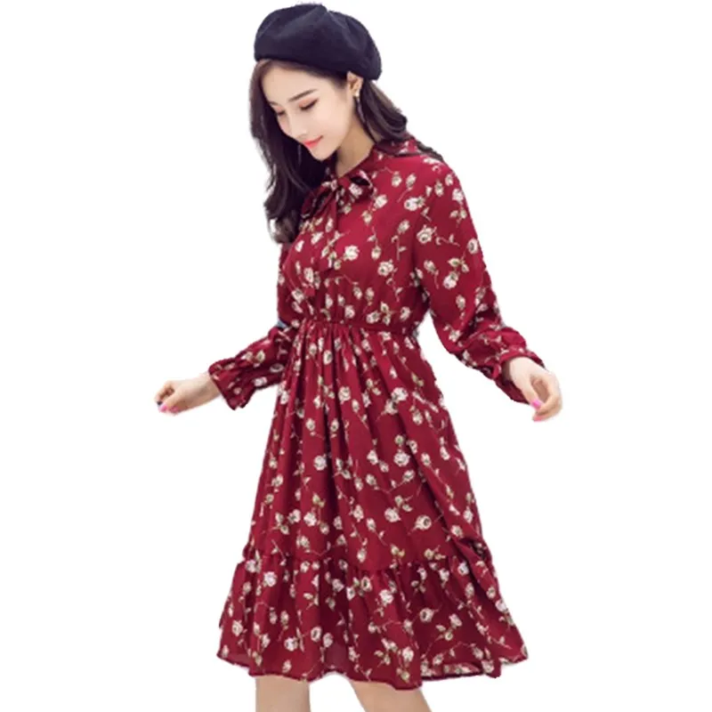 Женское платье с цветочным принтом Осеннее богемное шифоновое корейское длинным