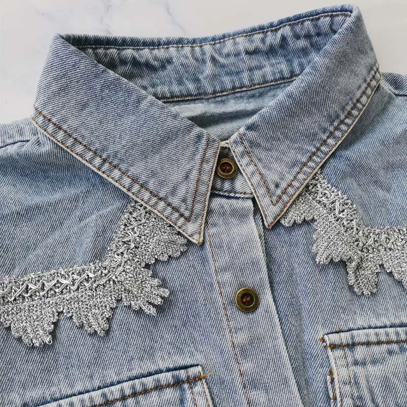 

CHIC Runway Designer Spring Pleated Layers Mesh Puff Sleeves Patchwork Ripped Women Denim Blouse Casual European Long Top Shirt