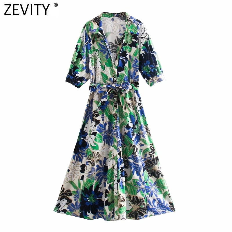 

ZEVITY Women Vintage Color Matching Floral Print Bow Sashes Shirt Dress Female Chic Short Sleeve Casual Kimono Vestidos DS8843
