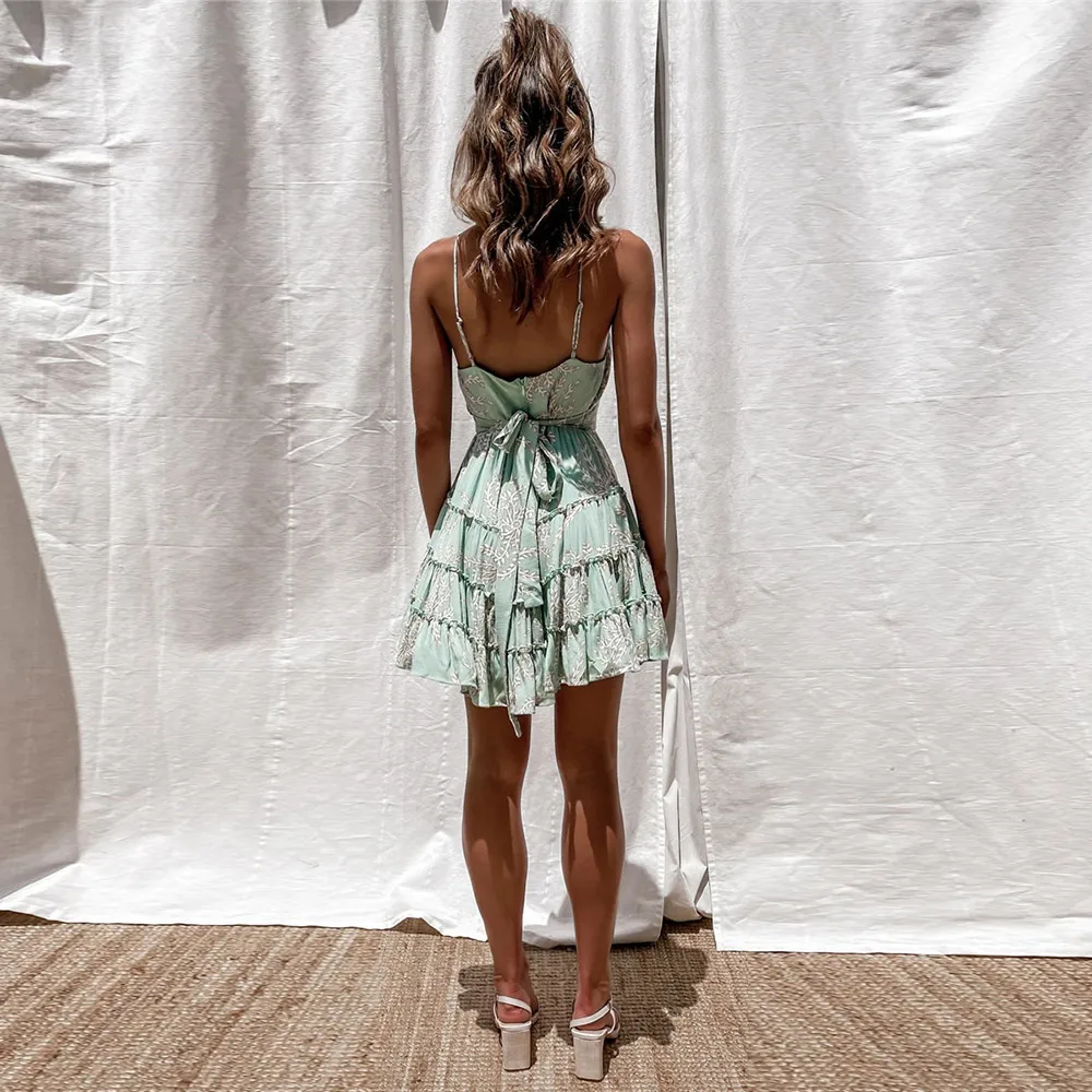 Платье-мини женское без рукавов с принтом и V-образным вырезом в стиле бохо |