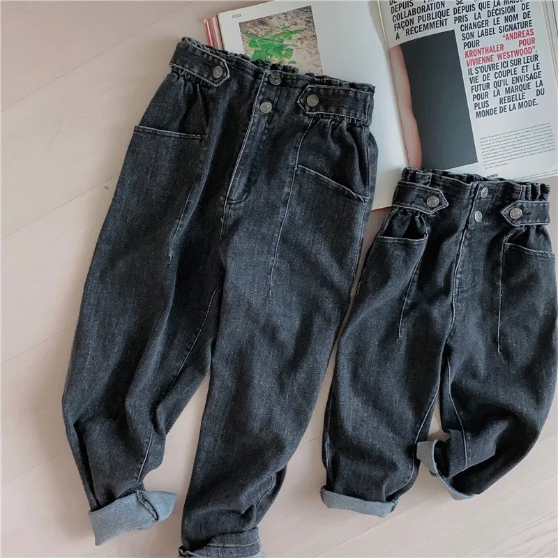 

2020 autumn and winter men and women foreign style Han Fan high waist buckle thin denim parent-child denim harem pants
