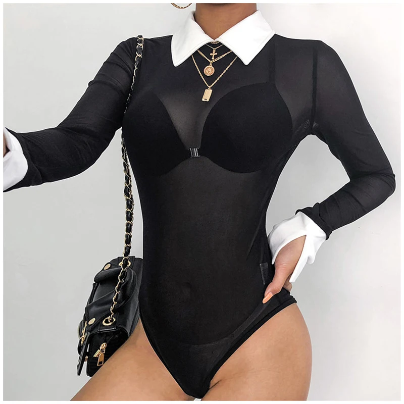 2019 Fashion New Women Sexy Bodysuit Perspective Mesh Turn-down Collar Shirt Long Sleeve Slim Jumpsuit | Женская одежда