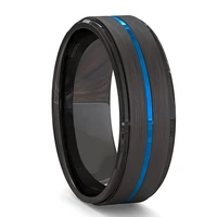 8mm fashion mens tungsten carbide ring thin blue line black brushed ladder edge groove ring men wedding band jewelry gifts