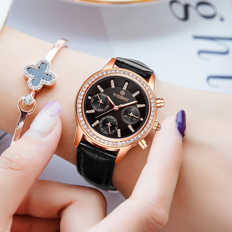 

WISHDOIT Ladies Watch Ladies Waterproof Fashion Leather Ladies Top Brand Luxury Clock Rose Gold Quartz Watch Women