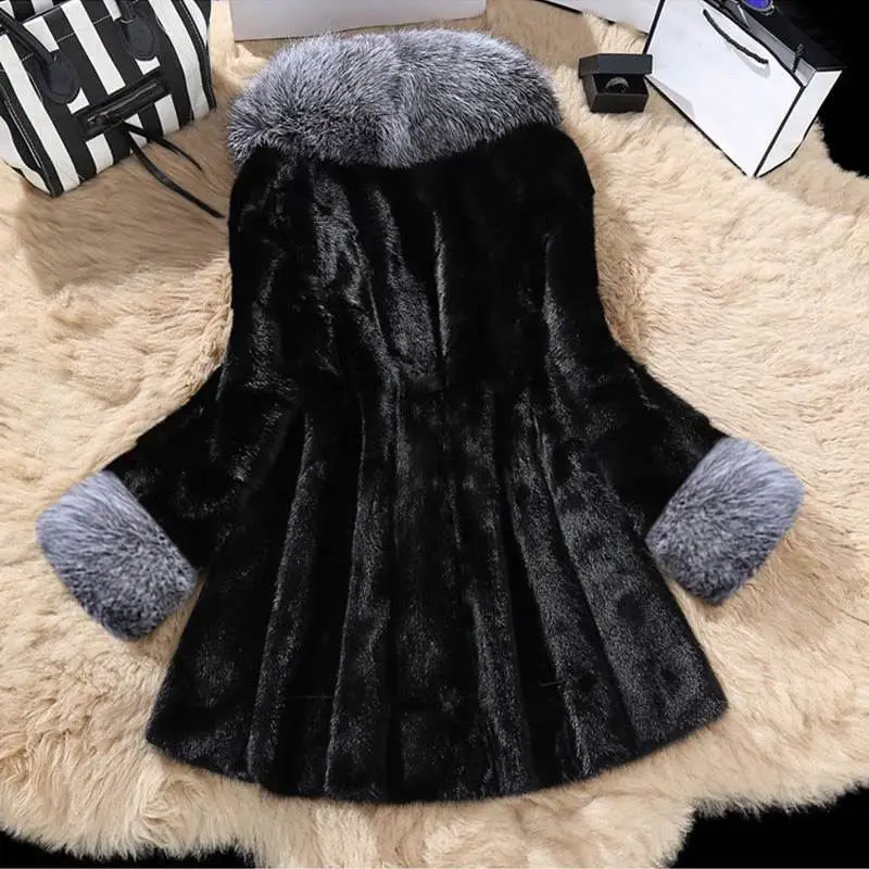 Thick V-Neck Casual Imitation Women Warm Faux Fox Fur Collar Hooded Rabbit Fur Coat Female Overcoat Coats Elegant Winter Jackets