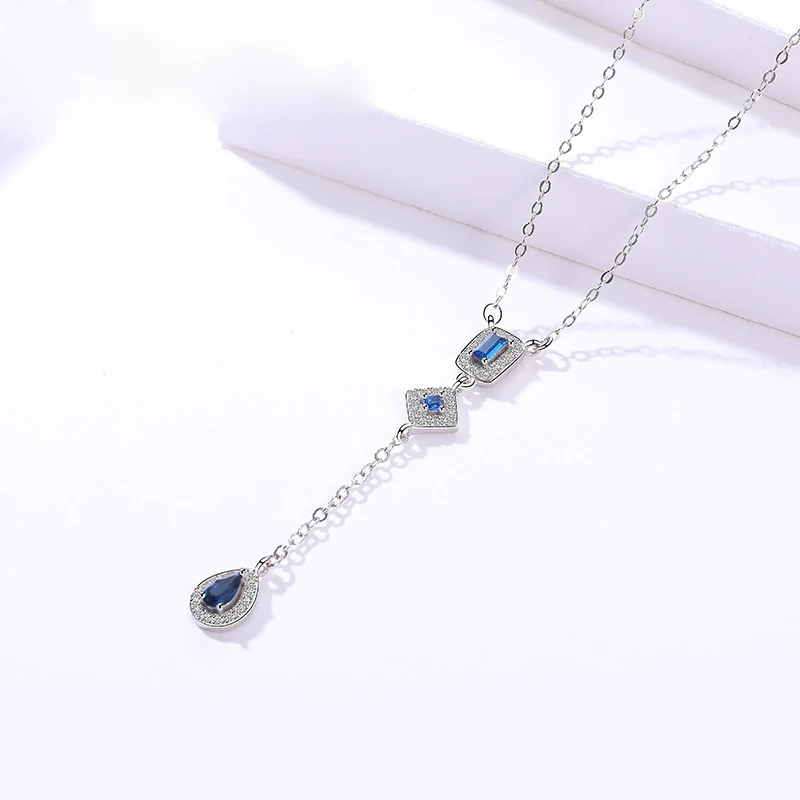 925 Sterling Silver Elegant Long Y style Blue Teardrop Gemstone Tassel Necklace For Party Women | Украшения и аксессуары