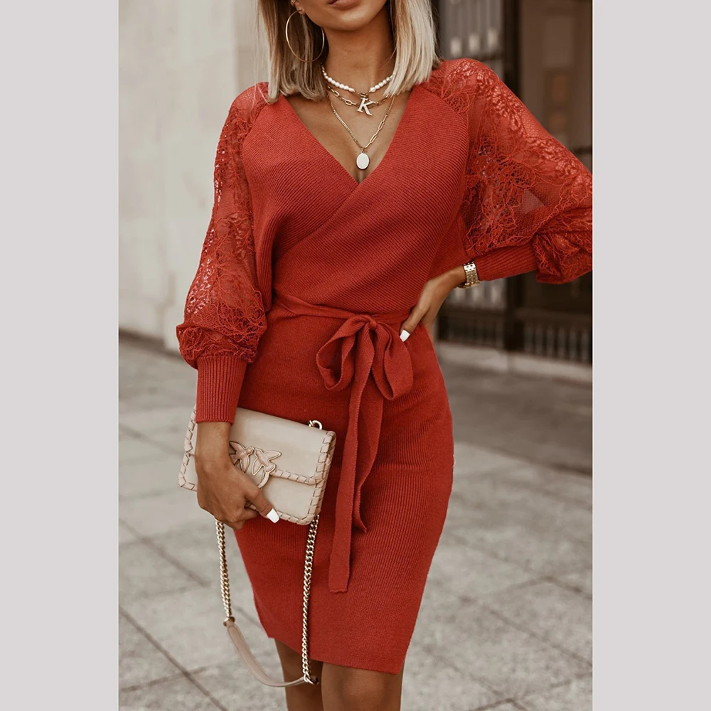 

Autumn Winter Knitted Bodycon Dress Lace V-neck Backless Red Elegant Casual Women Bat Long Sleeve Plus Size Female Clothing