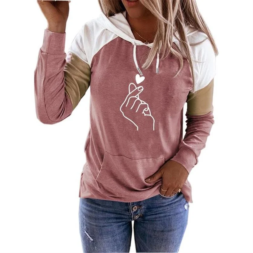 

Hand Heart Women Hoodies Harajuku Casual Loose Hooded 2021 Autumn Vintage Patchwork Sweatshirts Female Elegant Pullover Top