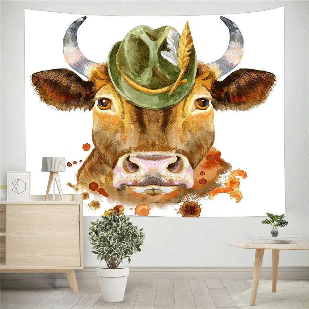 

Farm House Animal Wall Tapestry Art Home Decor Watercolor Funny Hipster Cow with Hat