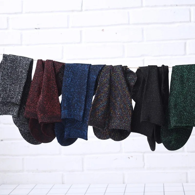 Women's socks spring and autumn golden silver silk knitted socks breathable glitter colored shiny fashion women socks