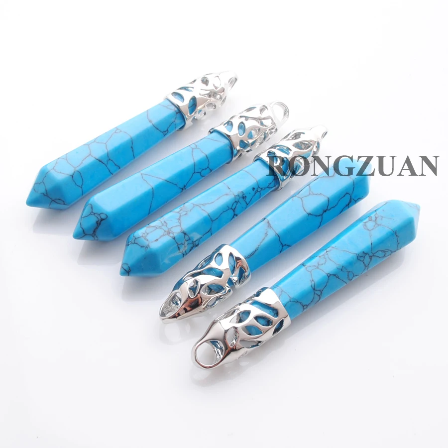 RONGZUAN Natural Blue Howlite Turquoises Gem Stone Hexagonal Pointed Reiki Chakra Pendant Bead 5PCS Jewelry TN3004 | Украшения и