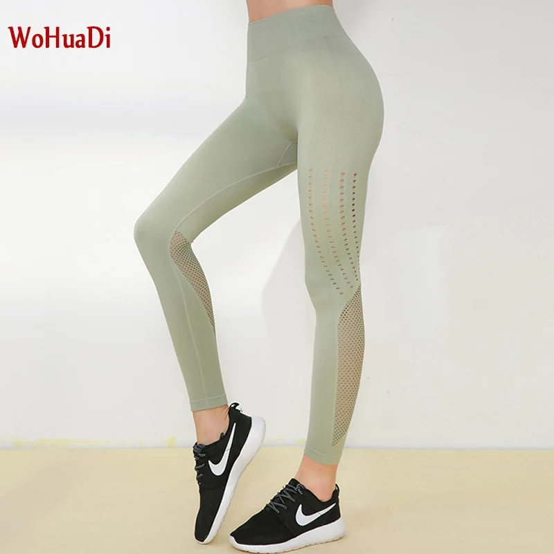 

WOHUADI Tights Yoga Pants Female Sport Fitness Leggings Women Mesh hollow sexy Gym Sports pants Top quality nylon seamless