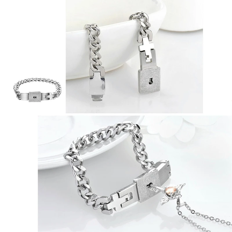

2Pcs Stainless Steel Love Heart Key Lock Macthing Bangle Bracelet Pendant Necklace Lock Key Couple Lover Jewelry Set