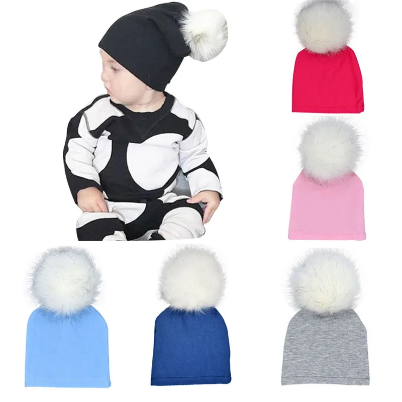 

Baby Gift Cotton Keep Warm Knitted Hat With Plush Ball Children's Caps for Boys Girls 1Pcs Pure Color Kid Supplies