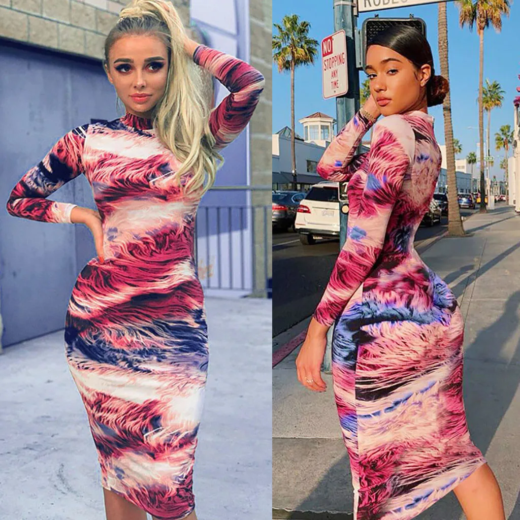 

Women's Sexy Slim Mid-length Dress Printed Long Sleeve Slim Dress Ladies Party Slim Sexy Pencil Dress vestidos Q6