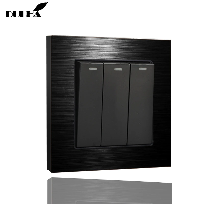 

Luxurious Black 3 Gang 2 Way Wall Light Switch Brushed Aluminum Satin Metal Panel Electrical Push Button 10A Rocker Switches