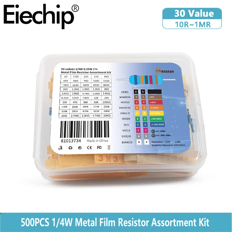 500pcs/lot 50 values 1/4W Resistors set Metal Film Resistor Assortment Kit 1ohm -10M ohm resistor diy electronic kit