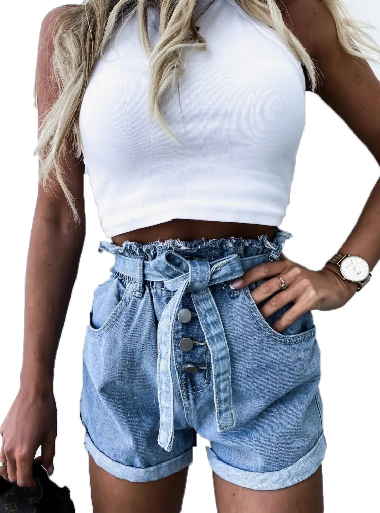 Женские джинсовые шорты повседневные на пуговицах шнуровке с высокой талией