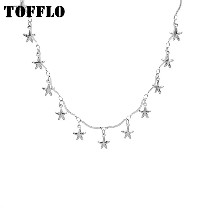 

TOFFLO Stainless Steel Jewelry Handmade Tassel Five Ppointed Star Bell Heart Necklace Women's Fashion Clavicle Chain BSP991