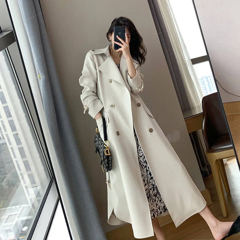 

Women Chic White Trench Coat White 2021 New Spring Autumn Fashion Double-breasted Slim X-long Windbreaker Femme