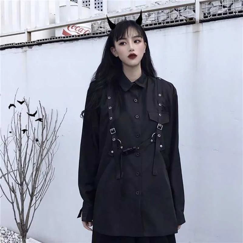 NiceMix, черная Однотонная рубашка в темном стиле для женщин с поясом, однобортная блуза с отворотом, женская Свободная Повседневная Новинка