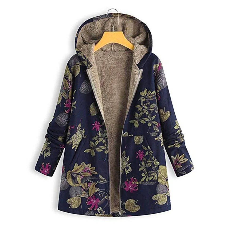 Women's Jacket Cotton and Linen Sweater Plus Velvet Thick Warm Cotton Jacket Hot Sale Floral Print Hooded Plush Jacket Women