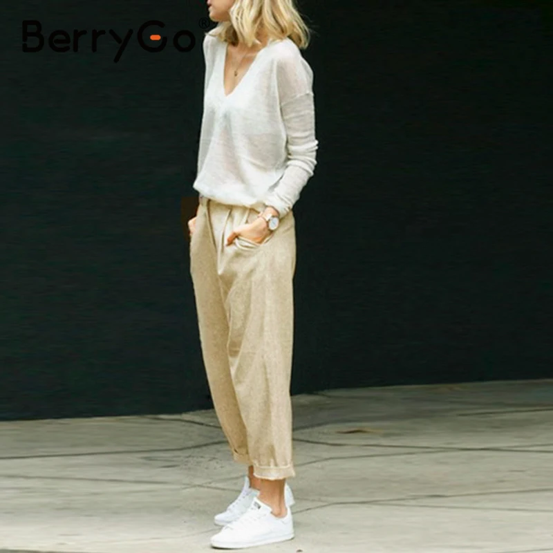 BerryGo High waist tie up causal pants women 2020 Spring streetwear cotton female Holiday office lady summer | Женская одежда