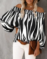 2021 women summer fashion elegant off shoulder studded loose long sleeve shirts casual striped vintage ladies tops femme blouse
