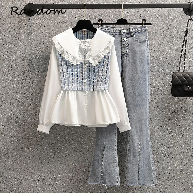 Женский джинсовый костюм рубашка в клетку и джинсовые штаны спортивный