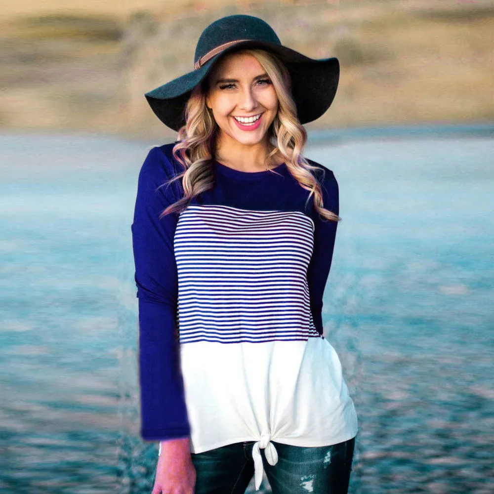 В полоску Женская блузка пэчворк платье с длинным рукавом рубашка Повседневная