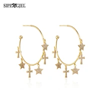 sipengjel fashion star cross dangle earrings geometric circle hoop earrings for women accessories jewelry 2021