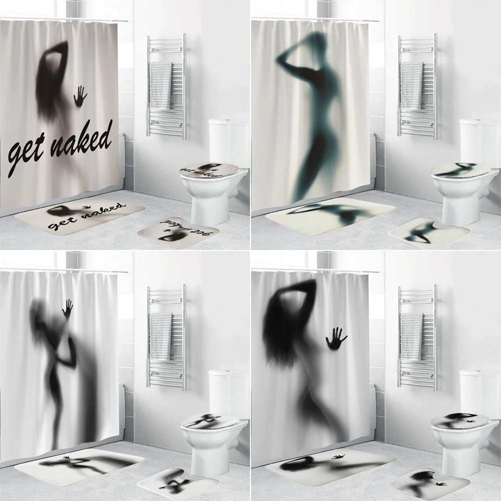 Women Shadow Polyester Fabric Shower Curtain Bathroom Curtains Set Printed Carpet Cover Toilet Bath Mat Pad for Home Decor | Дом и сад