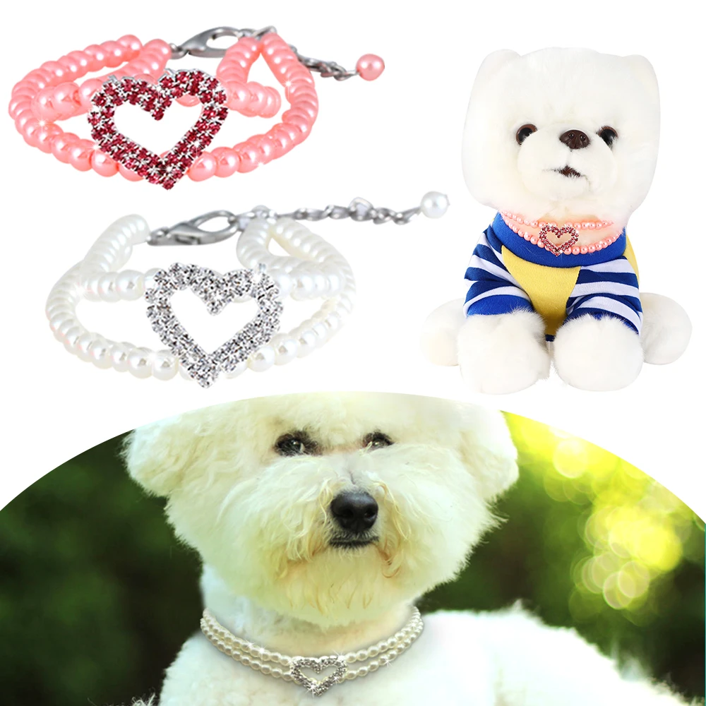 

Cute Lovely Pet Pearl Necklace Puppy Collar With Shiny Rhinestone Heart Tag Pet Cat Dog Accessories D40