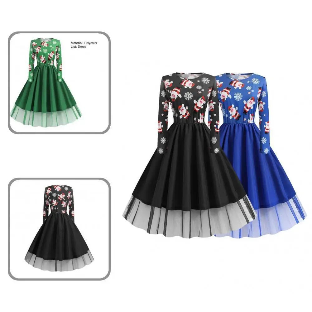 

Удобное классическое платье средней длины с принтом Санта-Клауса, легкое вечернее платье с круглым вырезом для свиданий